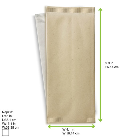 Sacchetto per posate in carta color crema con tovagliolo bianco 110x250mm
