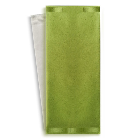 Sacchetto per posate in carta verde con tovagliolo bianco 110x250mm