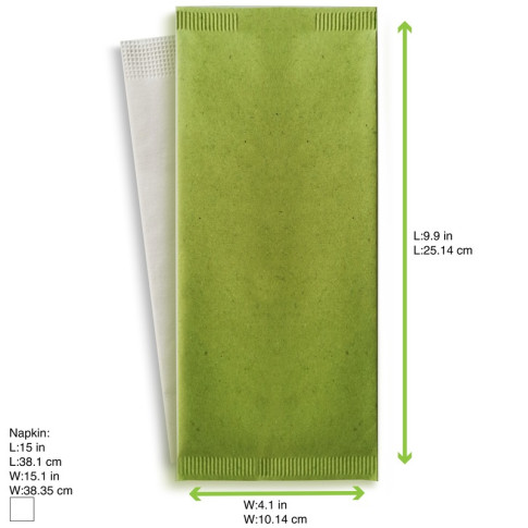 Sacchetto per posate in carta verde con tovagliolo bianco 110x250mm