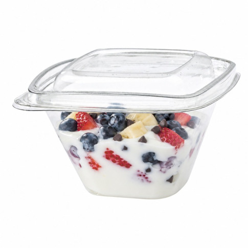 Contenitore "Deli" quadrato in PET trasparente con coperchio 128x128mm H70mm 375ml