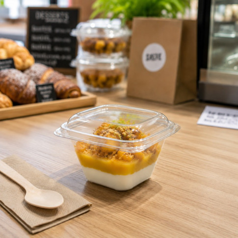 Contenitore "Deli" quadrato in PET trasparente con coperchio 128x128mm H70mm 375ml