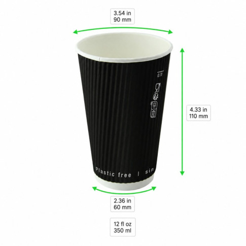 Bicchiere cartone nero doppia parete increspata plastic-free (PAP20)  H110mm 350ml