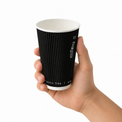 Bicchiere cartone nero doppia parete increspata plastic-free (PAP20)  H110mm 350ml