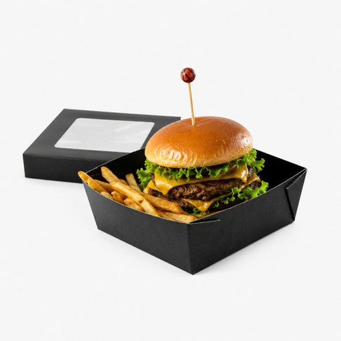 Scatola "Kray" in cartone nero con coperchio a finestra, per cottura in forno 135x135mm H50mm 700ml
