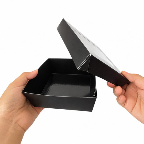 Scatola "Kray" in cartone nero con coperchio a finestra, per cottura in forno 135x135mm H50mm 700ml