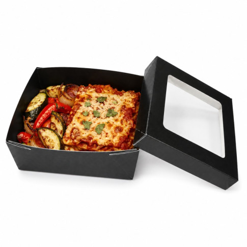 Scatola "Kray" in cartone nero con coperchio a finestra, per cottura in forno 155x155mm H50mm 950ml