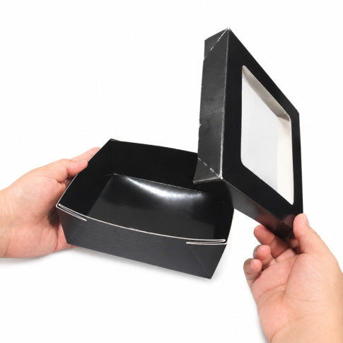 Scatola "Kray" in cartone nero con coperchio a finestra, per cottura in forno 155x155mm H50mm 950ml