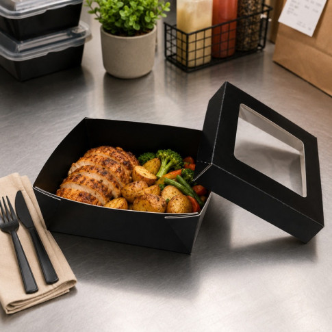 Scatola "Kray" in cartone nero con coperchio a finestra, per cottura in forno 155x155mm H50mm 950ml