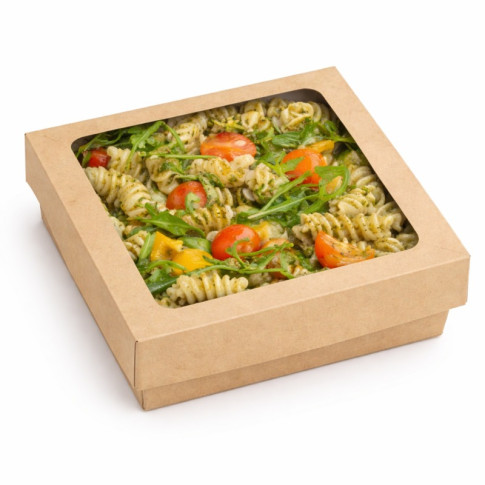 Scatola "Kray" in cartone kraft con coperchio a finestra in PLA 155x155mm H53mm 900ml