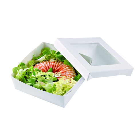 Scatola "Kray" in cartone bianco con coperchio a finestra in PLA 135x135mm H50mm 700ml