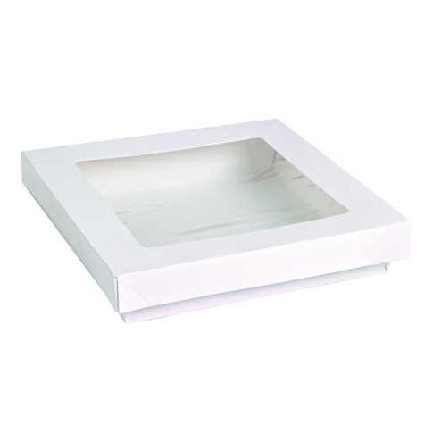 Scatola "Kray" in cartone bianco con coperchio a finestra in PLA 155x155mm H50mm 900ml