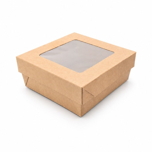 Scatola "Kray" in cartone kraft con coperchio a finestra, per cottura in forno 135x135mm H50mm