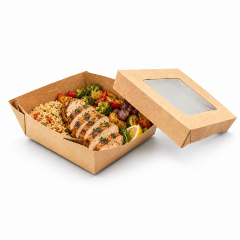 Scatola "Kray" in cartone kraft con coperchio a finestra, per cottura in forno 135x135mm H50mm