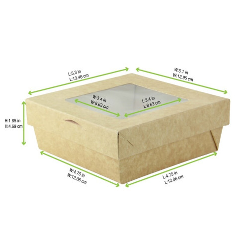 Scatola "Kray" in cartone kraft con coperchio a finestra, per cottura in forno 135x135mm H50mm