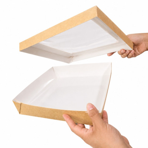 Scatola "Kray" in cartone kraft con coperchio a finestra, per cottura in forno 225x155mm H53mm