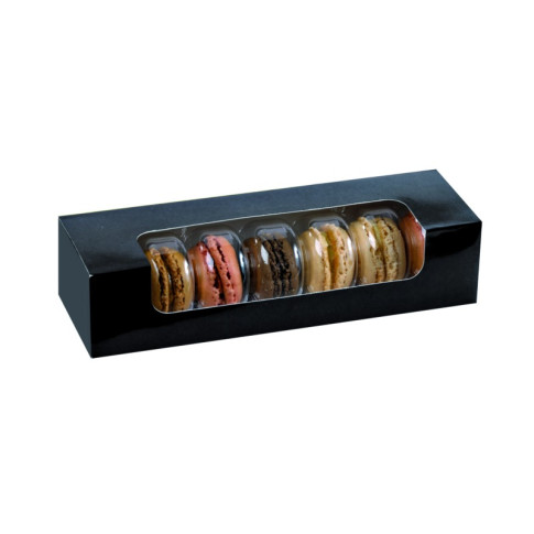 Scatola per 7 macarons in cartone nero con finestra 215x68mm H48mm