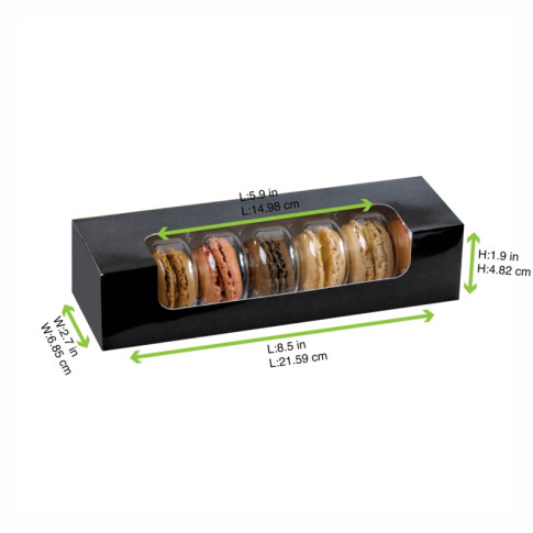 Scatola per 7 macarons in cartone nero con finestra 215x68mm H48mm