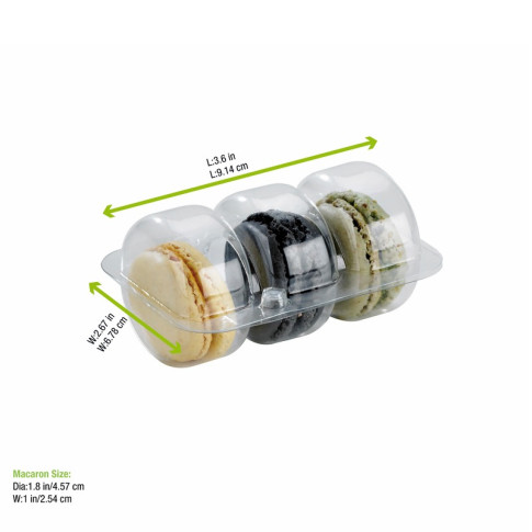 Inserto in PET trasparente per 3 macarons con chiusura clip 95x68mm H24mm