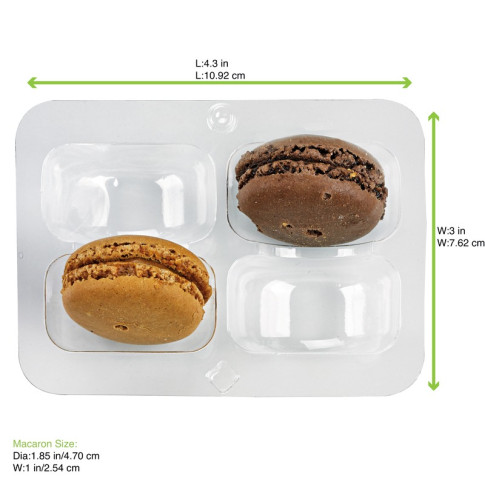 Inserto in PET trasparente per 4 macarons (2x2) con chiusura clip 108x74mm H23mm