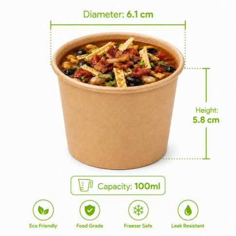 Contenitore in cartone kraft plastic-free waterbased per alimenti caldi e freddi (C/PAP 81)  H58mm 100ml
