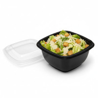 Insalatiere quadrate nere RPET con coperchio trasparente. 130x130mm H60mm 480ml
