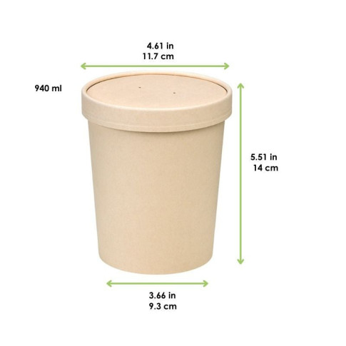 Contenitore in cartone kraft per alimenti caldi e freddi laminato in PLA, con coperchio  H140mm 940ml