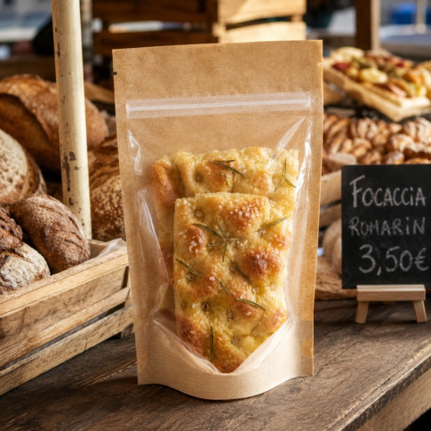 Sacchetto a tasca kraft/trasparente con chiusura zip 160x37mm H240mm