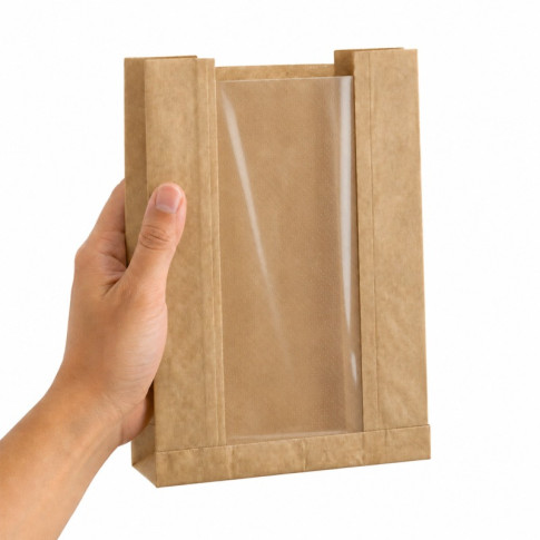 Sacchetto in carta kraft marrone con finestra microforata 180x40mm H220mm