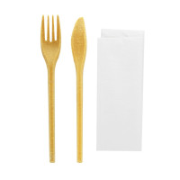 Kit coperto in legno: coltello forchetta tovagliolo, involucro kraft 250