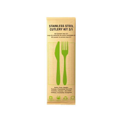 Set di posate in acciaio inox 6/1 con astuccio kraft 230x60mm H25mm