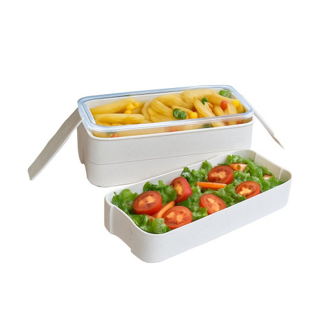 Scatola bento Huskly riutilizzabile su 3 livelli in materiale composito beige e coperchio in PP 185x80mm H103mm 900ml