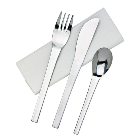 Kit posate in acciaio inox 3/1: coltello, forchetta, cucchiaio, involucro trasparente  H160mm