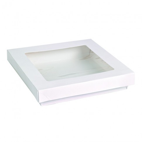 Scatola "Kray" in cartone bianco con coperchio a finestra in PLA 155x155mm H50mm 900ml