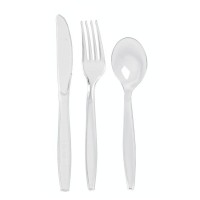 Kit 4/1 coltello, forchetta, cucchiaio e tovagliolo "Majesty" in plastica trasparente 192x45mm