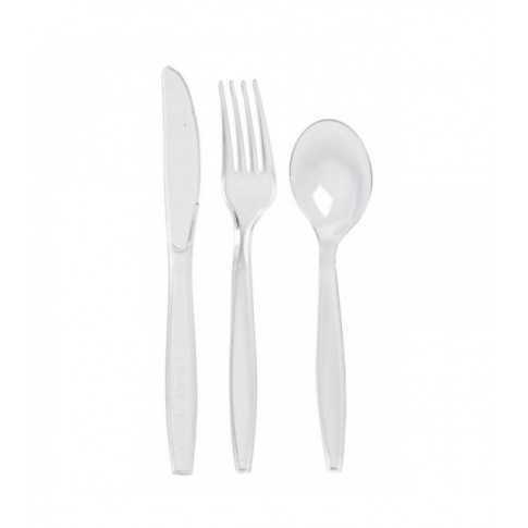 Kit 4/1 coltello, forchetta, cucchiaio e tovagliolo "Majesty" in plastica trasparente 192x45mm