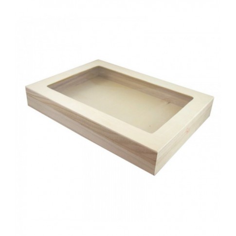 Scatola rettangolare in in legno con coperchio a finestra 380x275mm H55mm