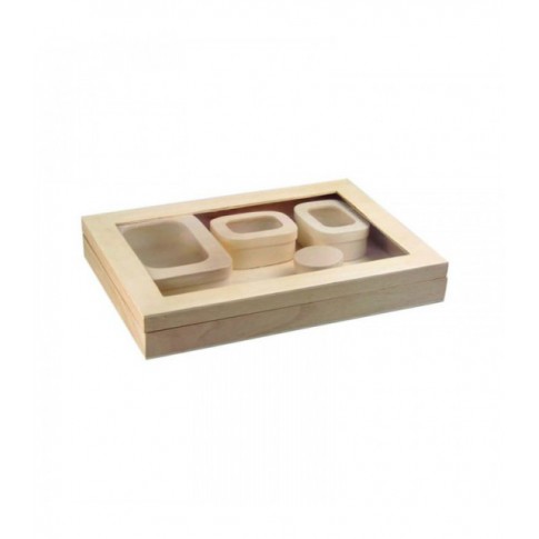 Scatola rettangolare in in legno con coperchio a finestra 380x275mm H55mm