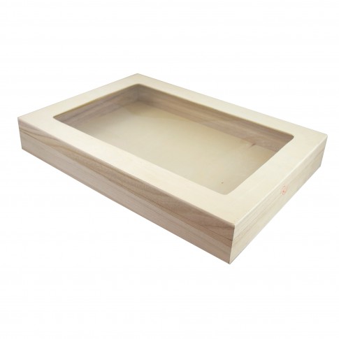 Scatola rettangolare in in legno, con coperchio a finestra  380x275mm H55mm