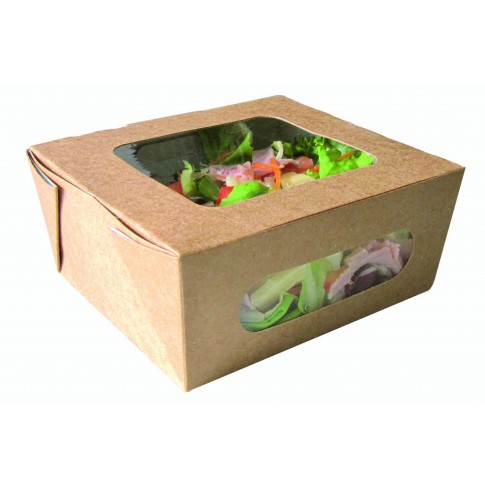 Scatola per insalata in cartone kraft, con doppia finestra 1 100ml 150x135mm H65mm