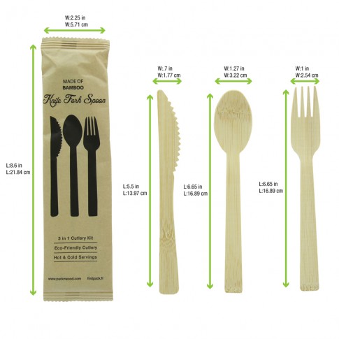 Kit posate in bambù "Anji" 4/1: coltello, forchetta, cucchiaio, tovagliolo, involucro kraft  H170mm