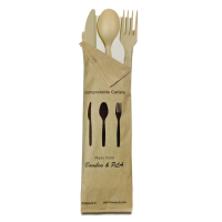 Kit posate in fibra di bambù e CPLA 4/1: coltello, forchetta, cucchiaio, tovagliolo, involucro compo