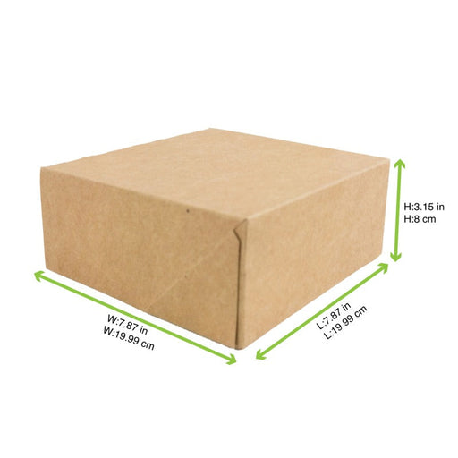 Scatola per pasticceria in cartone kraft marrone - 20 cm x 20 cm x 8 cm - 50 unità - dimensions