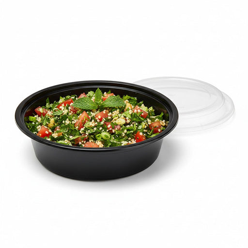 Ciotola rotonda nera in plastica PP con coperchio trasparente - 1000 ml - Ø 18,5 cm - H 5,5 cm - 150 unità