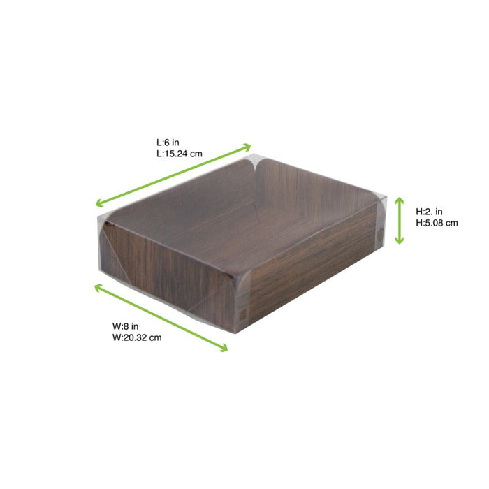 Sottotorta rettangolare scanalato in cartone double face effetto legno con coperchio in PET - 15,2 cm x 20,3 cm x 5,1 cm - 100 unità - dimensions