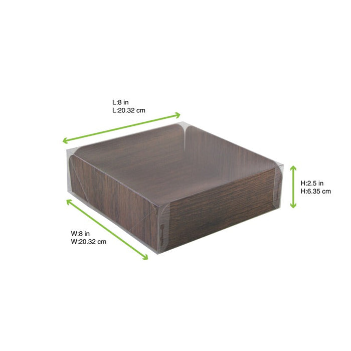 Sottotorta quadrato scanalato in cartone double face effetto legno con coperchio in PET - 20,3 cm x 20,3 cm x 6,4 cm - 100 unità - dimensions