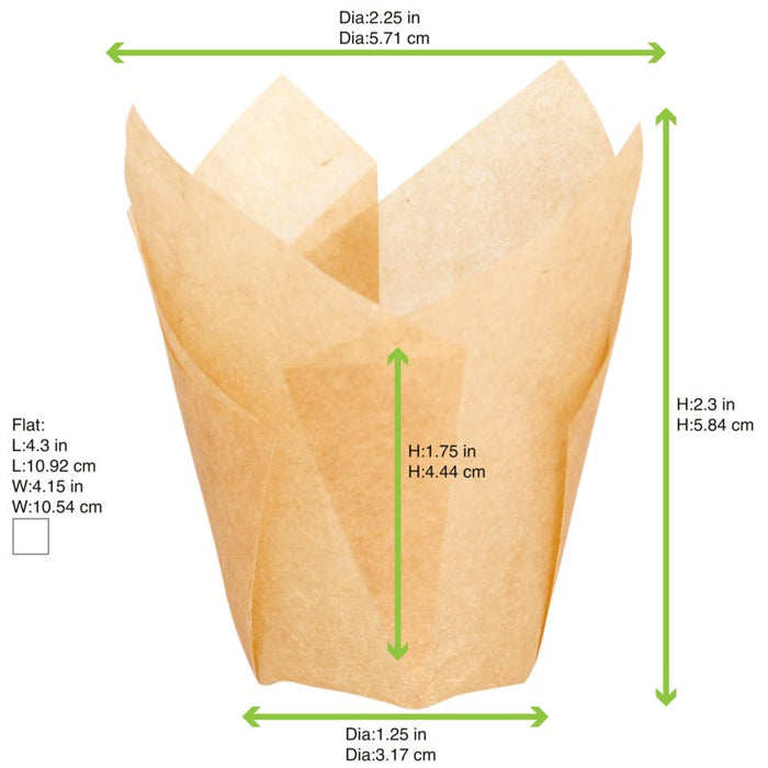 Pirottino da forno tulipano in carta marrone siliconata - Ø base 3 cm - H 6 cm - 1000 unità - dimensions