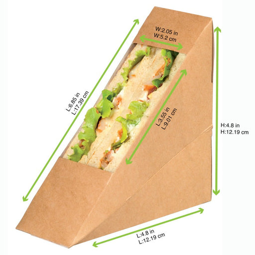 Scatola triangolare per sandwich singolo in kraft con finestra - 5,2 cm x 12,3 cm x 12,3 cm - 500 unità - dimensions