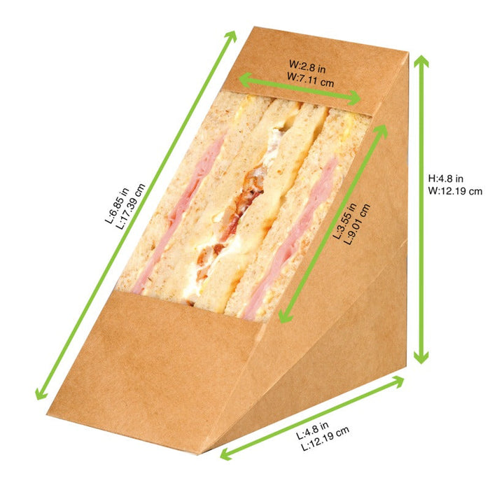 Scatola triangolare per sandwich doppio in kraft con finestra - 7,2 cm x 12,3 cm x 12,3 cm - 500 unità - dimensions