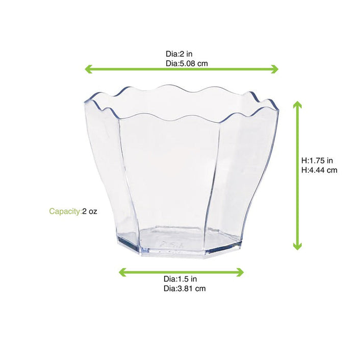Contenitore finger food in plastica PS verde trasparente a forma di fiore "Deva" - 60 ml - 6 cm x 5,5 cm x 4,7 cm - 600 unità - dimensions