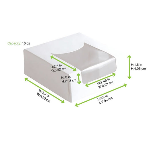 Scatola per pasticceria in cartone bianco con coperchio incernierato a finestra - 10 cm x 10 cm x 4 cm - 420 unità - dimensions